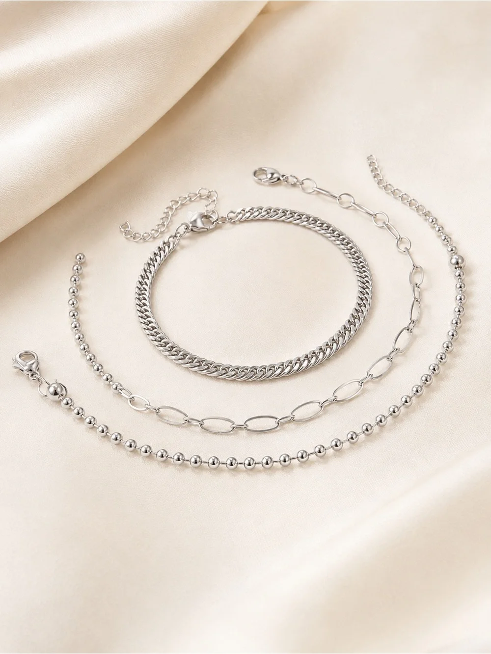 3pc Stainless Steel Bracelet Set Curb Paperclip Beaded Chain Adjustable